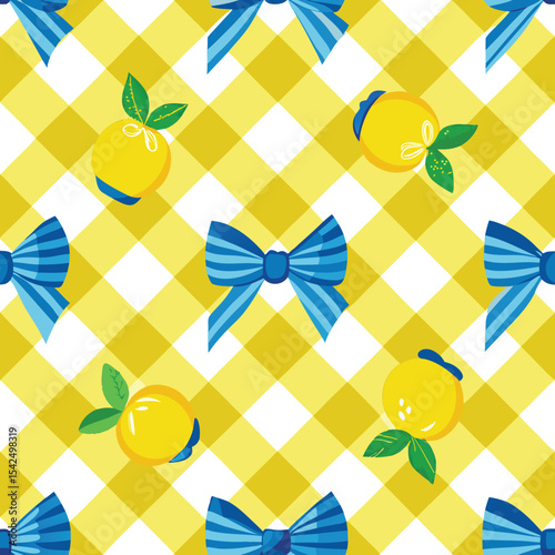 A beautiful vector seamless checkered pattern with bows and lemons. This pattern is composed of vintage bows and handmade ribbons on a yellow striped background