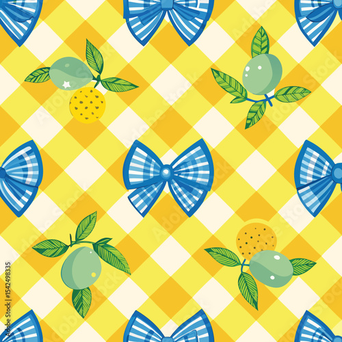 A beautiful vector seamless checkered pattern with bows and lemons. This pattern is composed of vintage bows and handmade ribbons on a yellow striped background