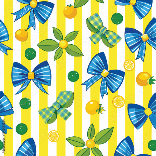 A beautiful vector seamless checkered pattern with bows and lemons. This pattern is composed of vintage bows and handmade ribbons on a yellow striped background