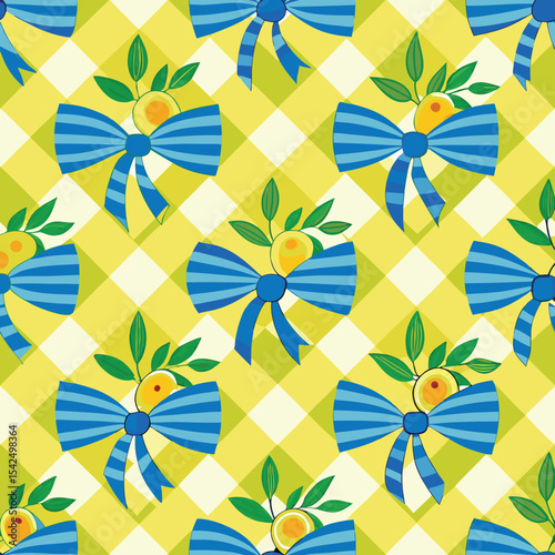 A beautiful vector seamless checkered pattern with bows and lemons. This pattern is composed of vintage bows and handmade ribbons on a yellow striped background