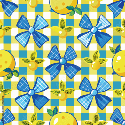 A beautiful vector seamless checkered pattern with bows and lemons. This pattern is composed of vintage bows and handmade ribbons on a yellow striped background