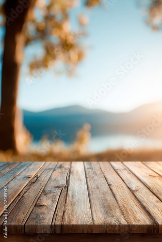 wooden platform with mountain view, blurred scenic alpine landscape with sunlight and distant peaks, bokeh depth, photo mockup for design and product demonstration