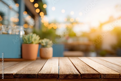 photo of wooden table with party lights on blur background, colorful bokeh, outdoor night festival, energetic atmosphere, mock up for design and product display