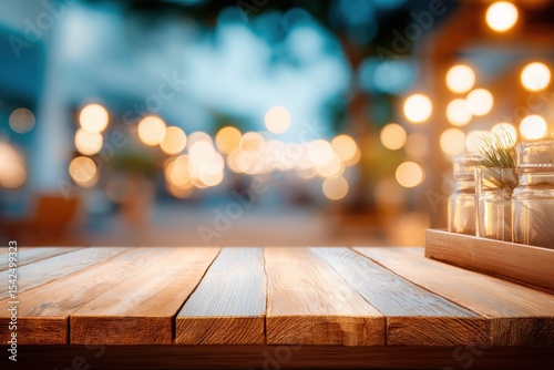 photo of wooden table with party lights on blur background, colorful bokeh, outdoor night festival, energetic atmosphere, mock up for design and product display