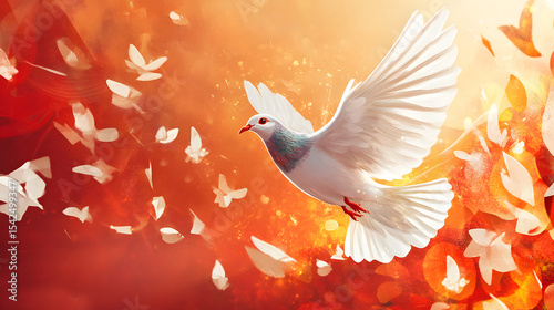  A white dove in flight amidst a flurry of abstract shapes against a warm, glowing background