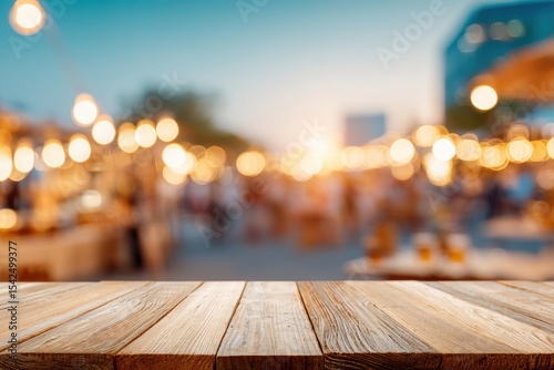 photo of wooden table with party lights on blur background, colorful bokeh, outdoor night festival, energetic atmosphere, mock up for design and product display