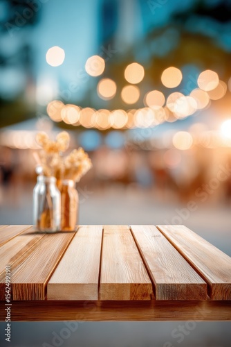 photo of wooden table with party lights on blur background, colorful bokeh, outdoor night festival, energetic atmosphere, mock up for design and product display