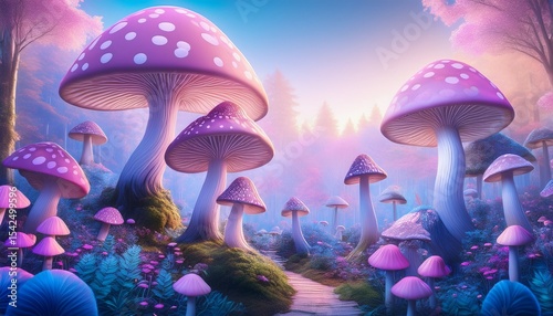 whimsical mushroom forest in pastel hues