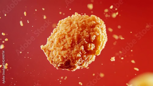 Crispy chicken nugget floating on vibrant red background with crumbs flying