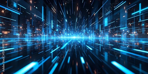 Abstract visual representation of the concept of cybersecurity. The image shows a constant flow of glowing binary code on a dark background, conveying dynamism and digital protection. In the center, a