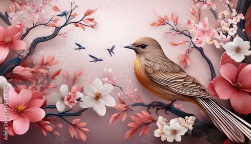 3d wallpaper design with branches birds and flowers for digital wall print ai generated illustration