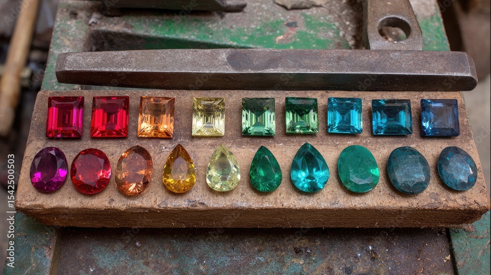 Naklejka premium Heat-treated gemstones displayed next to raw stones for visual comparison in workshop