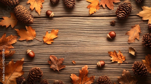 A rustic wooden background with scattered acorns, pinecones, and autumn leaves in warm tones.