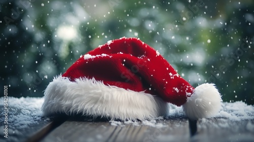A Santa hat resting on a wooden surface with soft snowfall in the background, creating a cozy holiday mood.