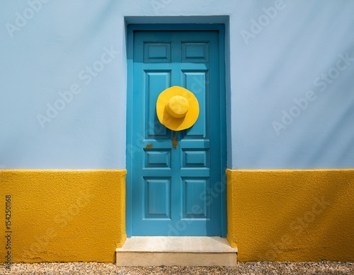 a blue door with a yellow hat on top of it the hat is placed on a pedestal