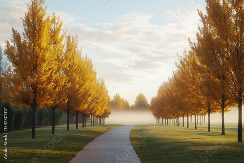 A scenic autumn park with a pathway lined with golden trees, leading into the soft morning mist.