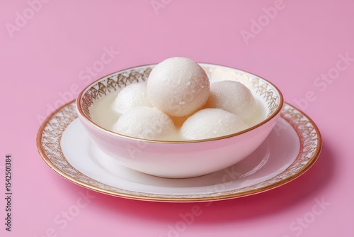This sweet known as Rasgulla or Rosogolla is presented in a white bowl with a gold rim set on a white plate against a pink backdrop photo