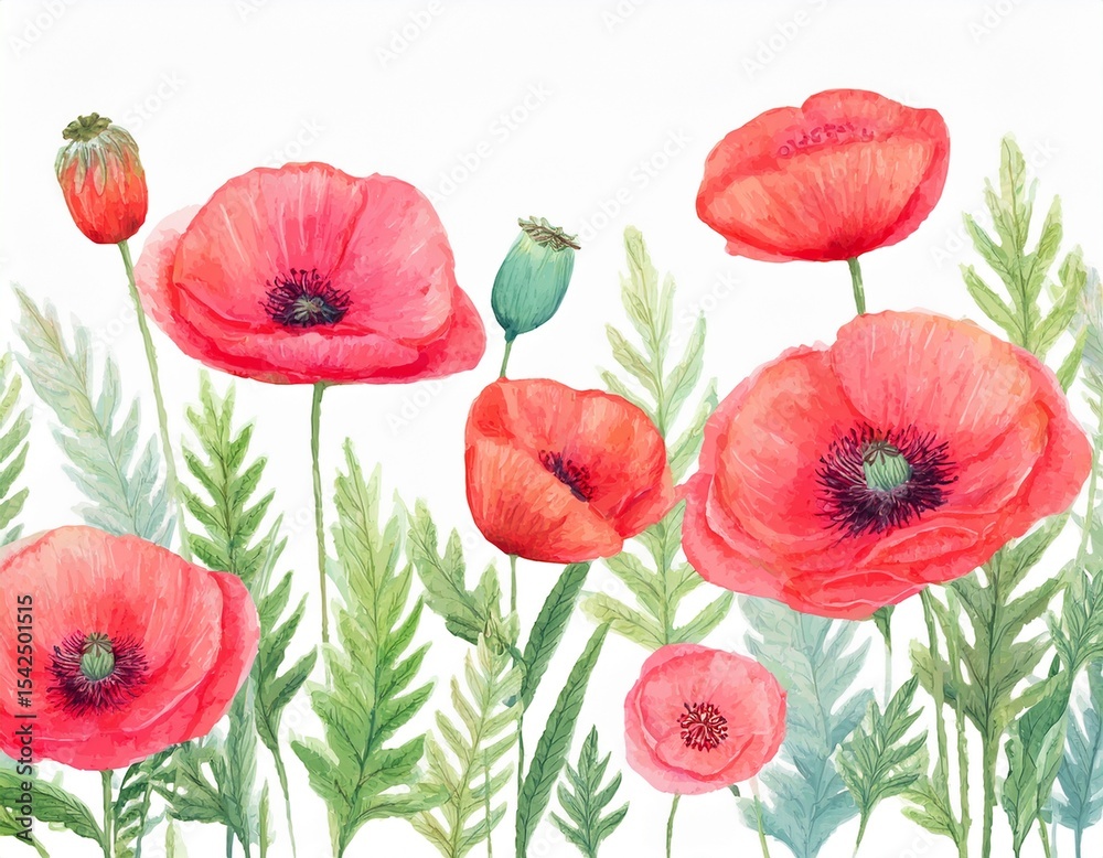 Obraz premium poppy watercolor flowers isolated on white background