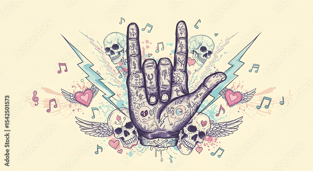 Obraz premium Rock Day Illustration – Stylized Rock Hand Symbol with Artistic Skulls, Lightning Bolts, and Wings Representing the Energy, Rebellion, and Iconic Spirit of Rock Music