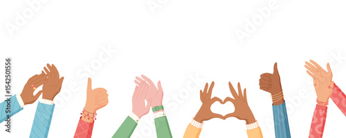 Flat colorful hands with heart gesture and applause. Human hands clap and show love happiness in a cheerful community. Perfect for banners, social media, creative projects.