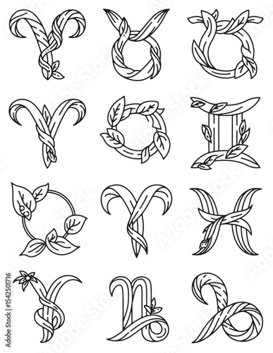 Twelve Zodiac Signs Set in Minimal Line Art Style for Coloring and Design
