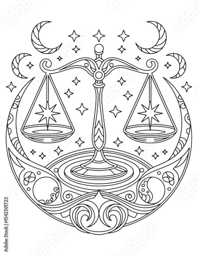 Libra Zodiac Sign Scales with Stars and Moon Decorative Line Art Illustration