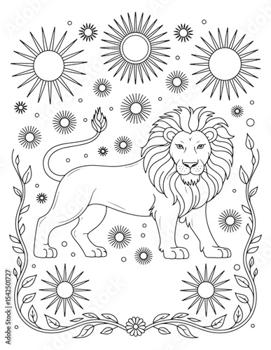 Leo Zodiac Sign Lion with Stars, Sun, and Cosmic Motif Line Art Drawing