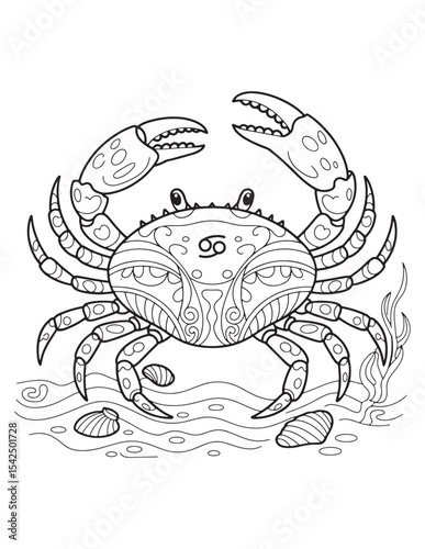 Cancer Zodiac Sign Crab with Star Patterns Line Art Decorative Drawing