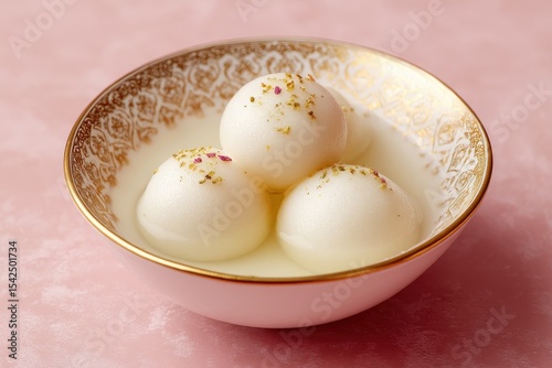 This sweet dish Rasgulla or Rosogolla is presented in a white bowl with a gold rim on a pink backdrop photo