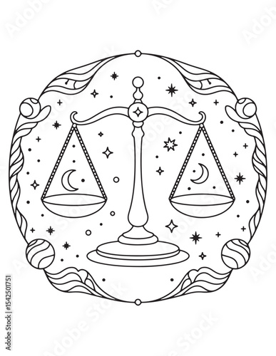 Libra Astrology Symbol with Celestial Scales and Stars Line Art Drawing