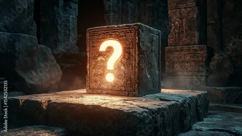 Ancient stone cube with glowing question mark in a mystical temple