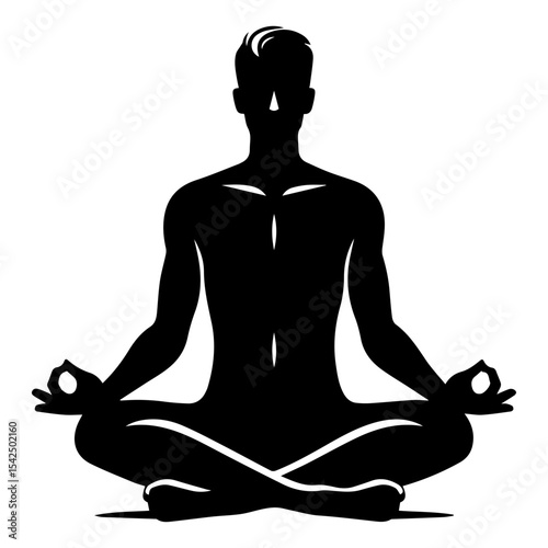 A black and white silhouette of a man sitting in the lotus position during meditation on a white isolated background. Vector graphics. EPS.