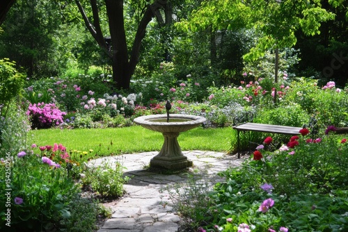 Green backyard garden with birdbath