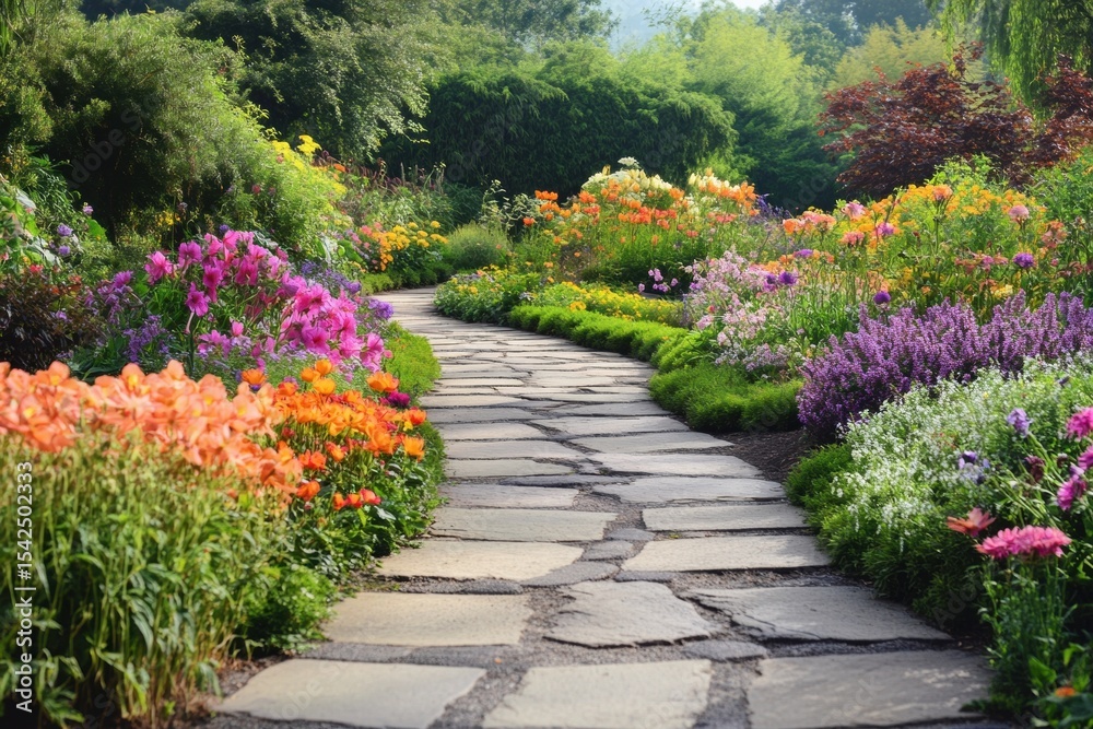 Fototapeta premium Flower path leading through vibrant garden