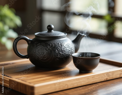 Taza y tetera estilo oriental de barro negro.