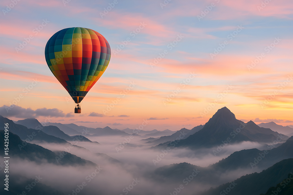 Fototapeta premium Hot Air Balloon Adventure Over Scenic Mountain Range