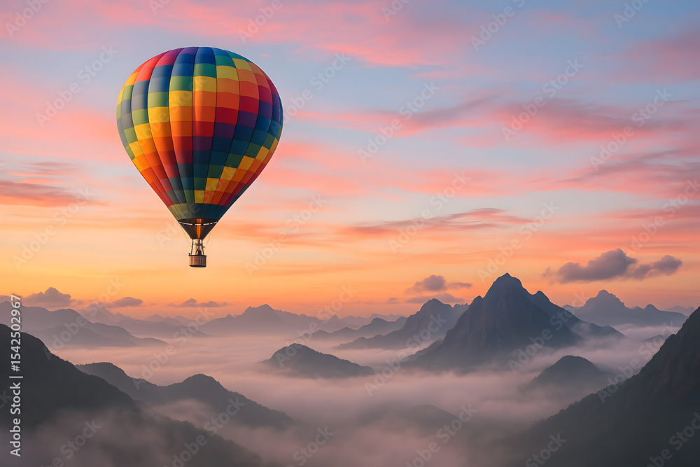 Obraz premium Hot Air Balloon Adventure Over Scenic Mountains