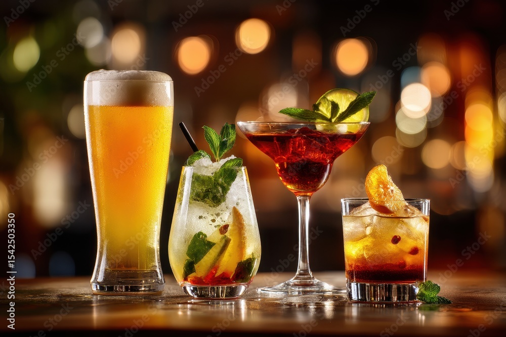 Choice of popular beverages beer wine cocktails martini mojito and shots with a blurred bar backdrop Choice of popular beverages beer wine cocktails martini mojito and shots with a blurred bar backdrop