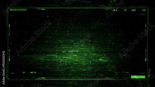 Green digital hud screen with glitch effect and data. Technology background for cyber world and futuristic display design.