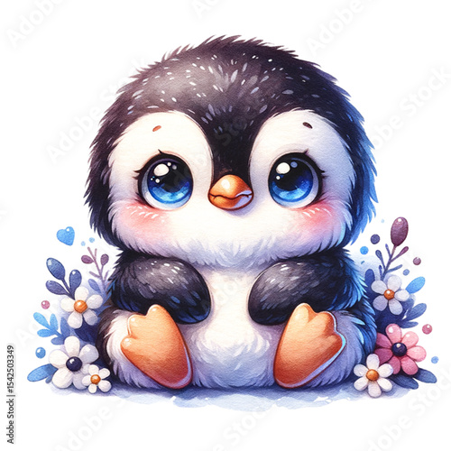 Adorable Penguin: A whimsical illustration of a baby penguin. Its delightful eyes and soft features exude warmth and charm, set amid delicate blossoms.