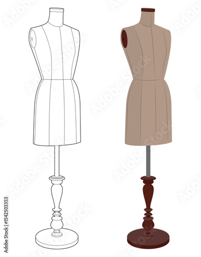 Set of two vintage female dress forms:  elegant line art style, and realistic vector design. Tailor mannequins for sewing and fashion, isolated on white background.