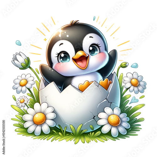 Baby Penguin's Blossoming Arrival: Adorable baby penguin emerges from a cracked egg amidst lush daisies and verdant grass, symbolizing new beginnings and the freshness of spring. 