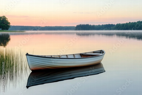 Rowboat tied near lakeshore during sunrise