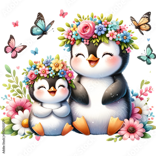 Joyful Penguin Bloom: A heartwarming illustration features two adorable penguins, each adorned with a vibrant floral crown and surrounded by fluttering butterflies and blooming flowers.
