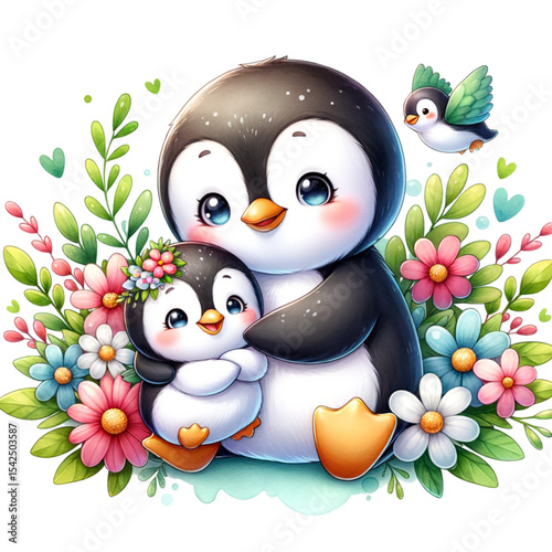Penguin's Blossoming Bond: Adorable mother penguin tenderly embraces its precious baby amidst a vibrant, floral embrace, showcasing the heartwarming bond of motherhood.