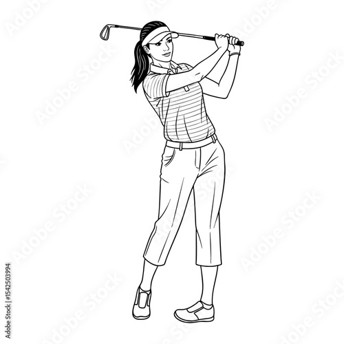 Elegant Woman playing golf line art illustration