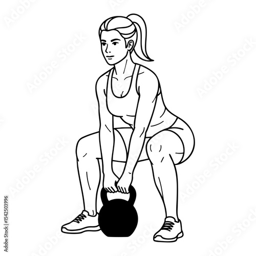 Fit woman lifting a kettlebell line art illustration