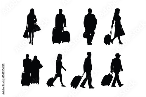 Travelers with Luggage Silhouettes - Airport Passengers Vector Set