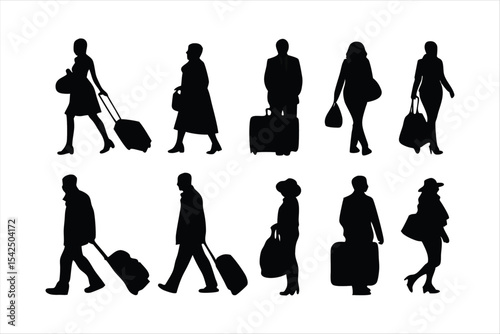 Travelers with Luggage Silhouettes - Airport Passengers Vector Set