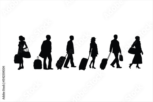 Travelers with Luggage Silhouettes - Airport Passengers Vector Set